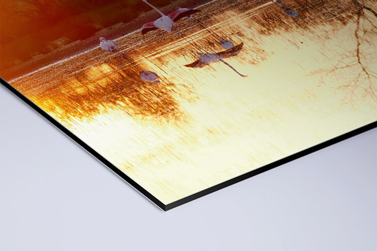 Darstellung eines Art Prints der Heimatlinse als matter UV-Direktdruck auf Aluverbund mit Motivon Flamingos bei Sonnenaufgang im Wasser.