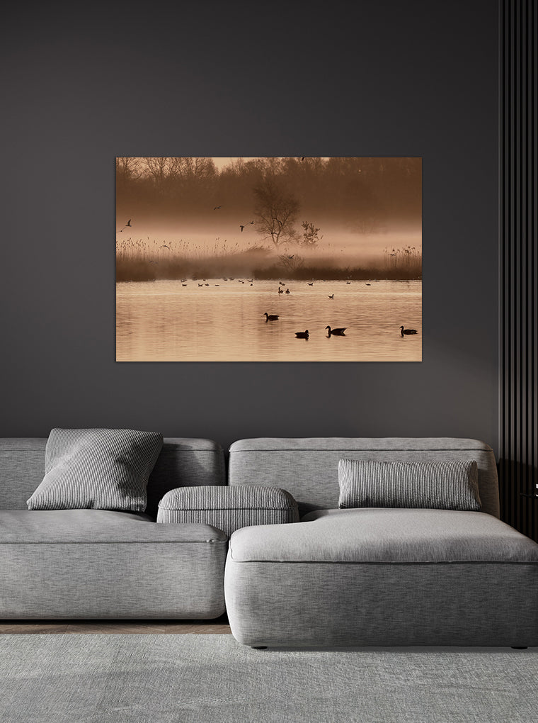 Darstellung eines Art Prints der Heimatlinse hängend an einer Wand in dunkler Umgebung mit Motiv von Wasservögeln im Morgennebel.