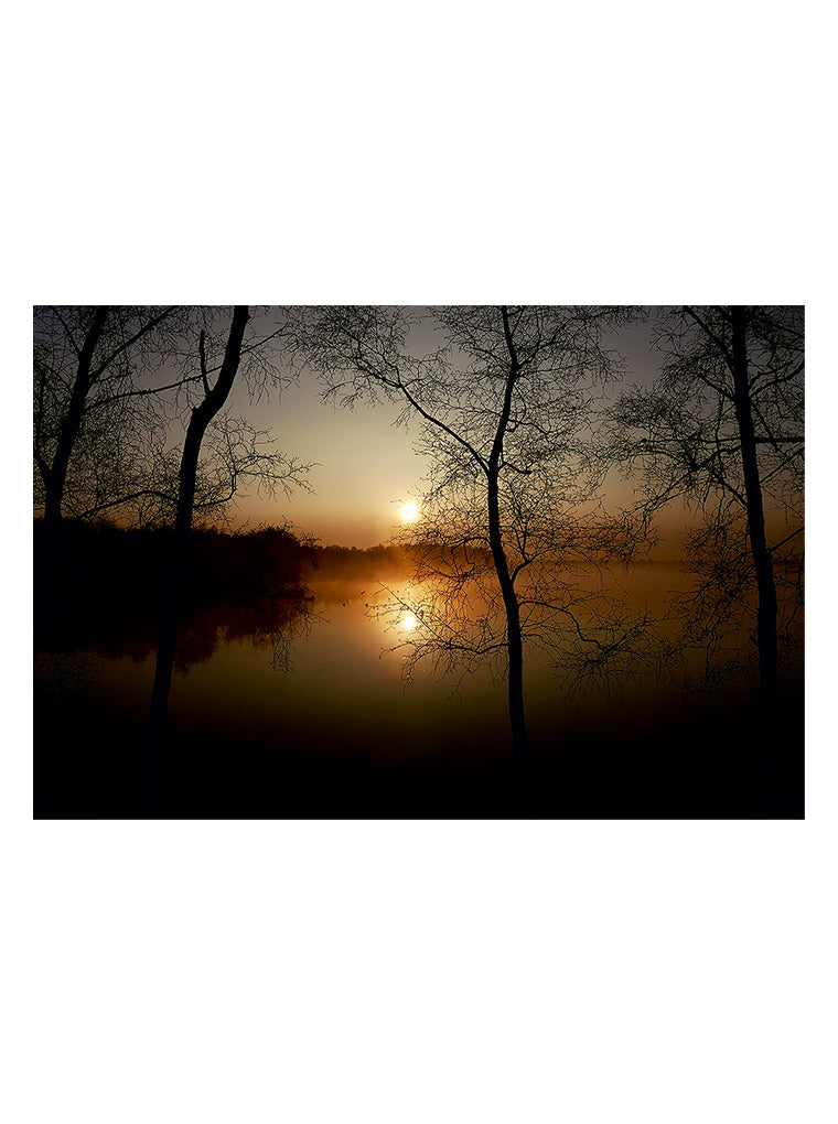 Bildmotiv eines Art Prints der Heimatlinse mit Sonnenaufgang und dunklen Silhouetten am See.